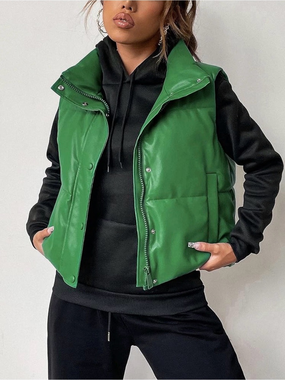 Women’s Faux Leather Kelly Green Puffer Vest